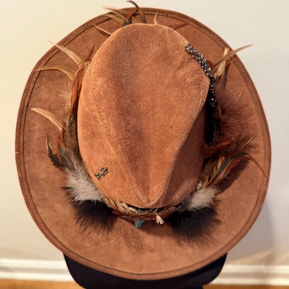 Henschel Brown Suede Western Hat with Feather and Turquoise Accents Size Medium